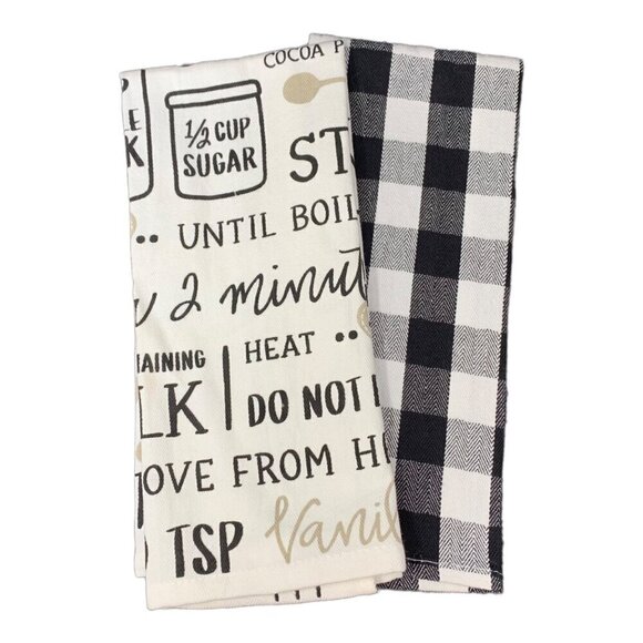 Hot Cocoa Marshmallow Kitchen Tea Towels Cotton Set Buffalo Check Black White - Picture 9 of 9